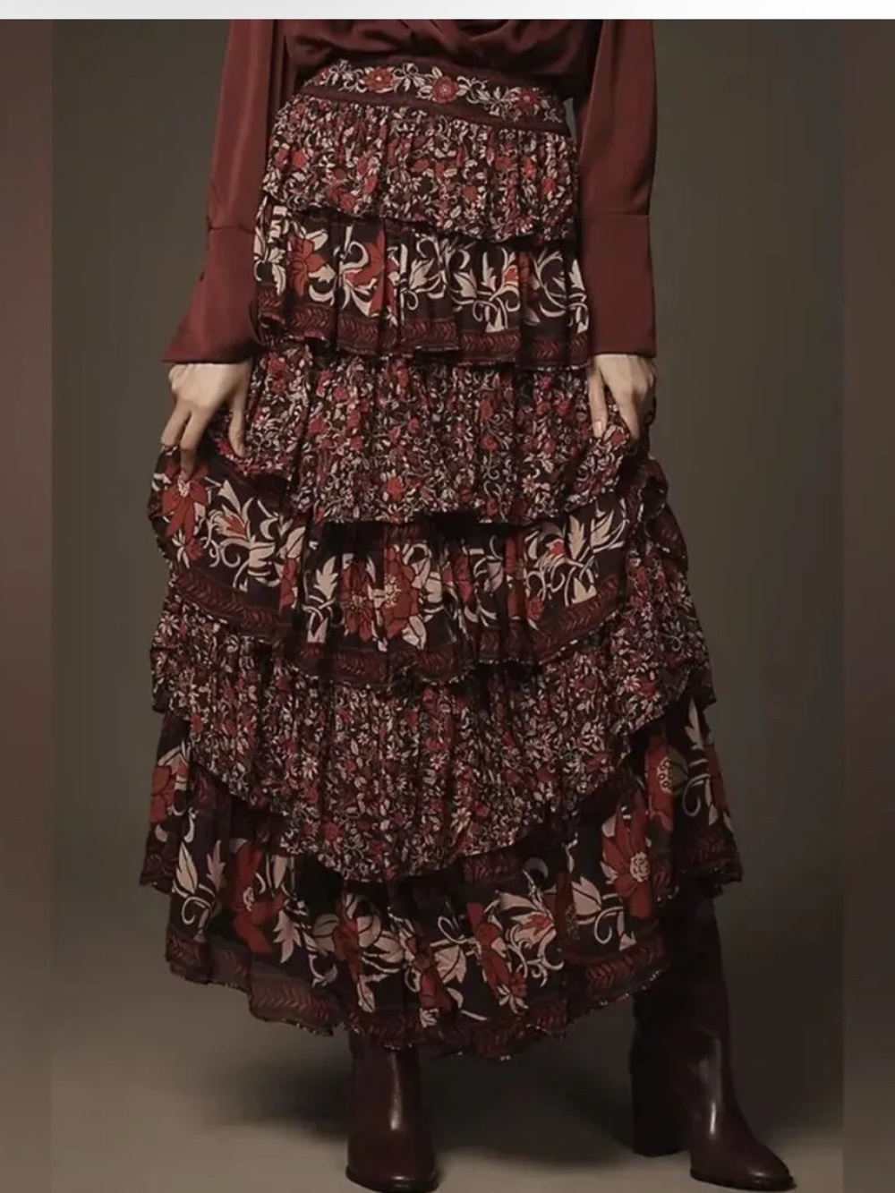 FARM Rio Tiered Floral Maxi Skirt - Red & Navy
